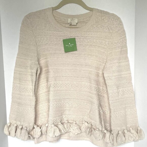 Kate Spade Cotton Sweater Womens Medium Beige Pompom Hem Crewneck Chunky Knit - Picture 2 of 10